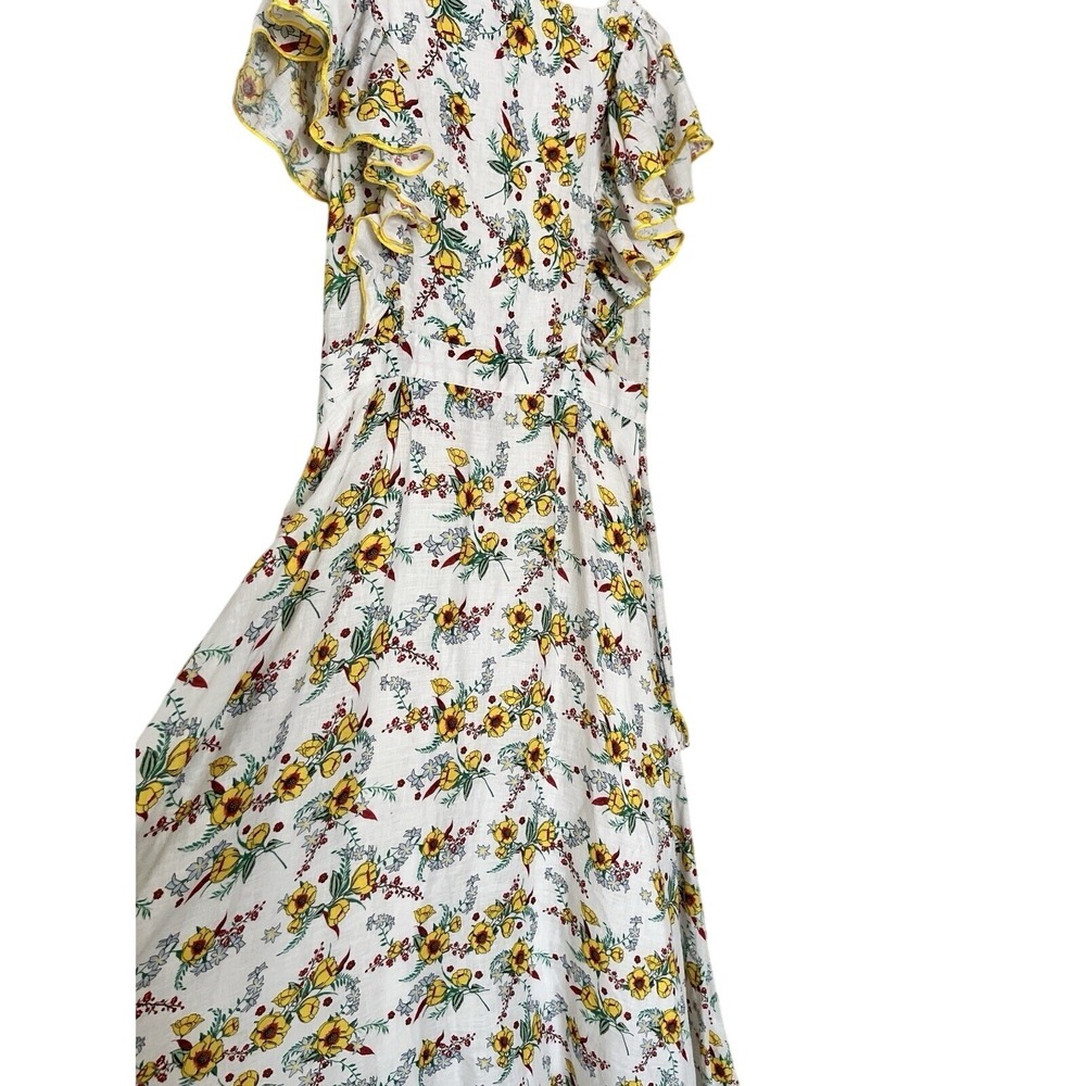 Gul Hurgel Floral White Yellow Ruffle 100% Linen Dress Pinafore Pockets Small - Picture 13 of 16